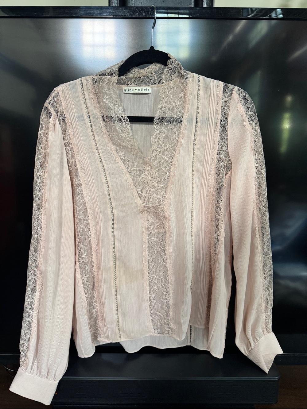 Alice + Olivia Blush Lace Trim V-Neck Long Sleeve Blouse